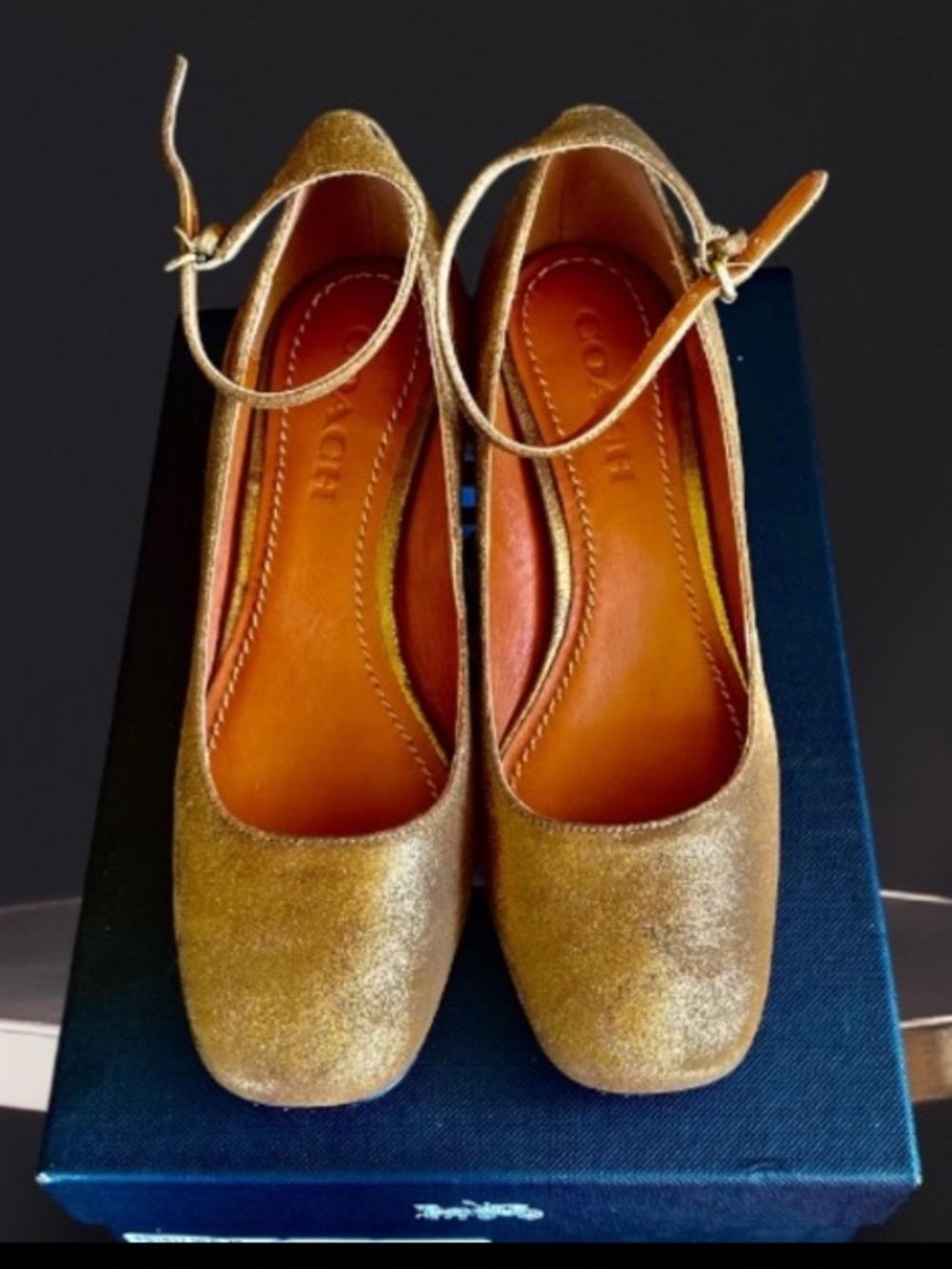 COACH METALLIC GOLD SUEDE 45MM PUMPS WITH ANKLE STRAP SZ 7B